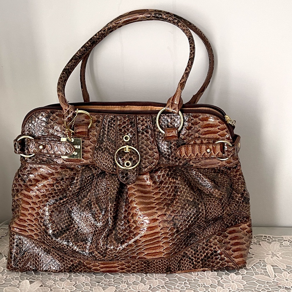 Veccelli Italy Brown Faux-Snake Leather Tote Bag with Gold Hardware